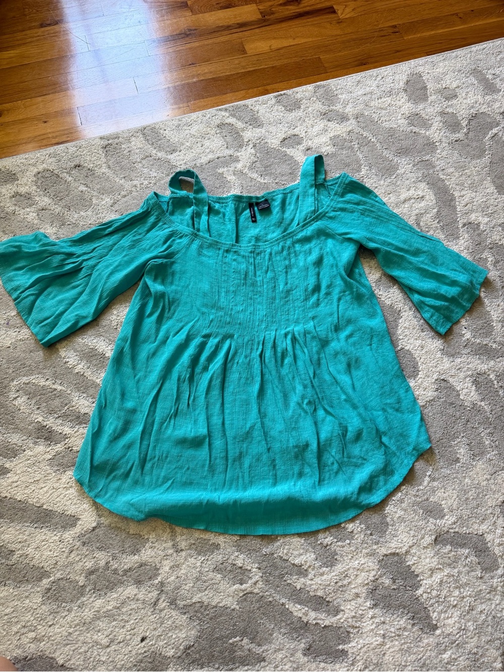 new directions Teal Cold-Shoulder Blouse